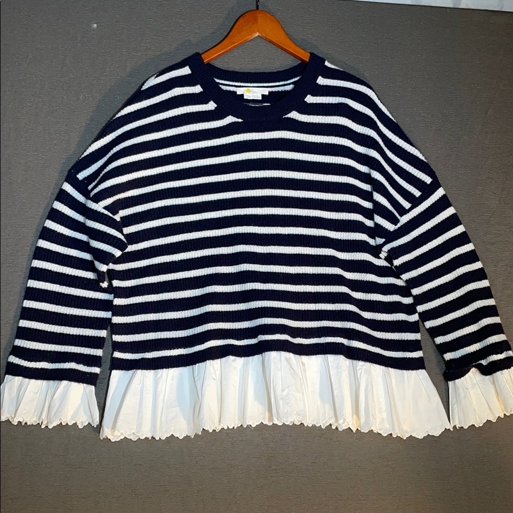 Boden‎ Blue and White Ruffled Sweatshirt Relaxed Fit